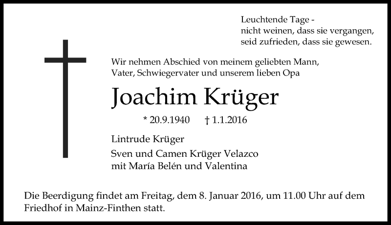  Traueranzeige für Joachim Krüger vom 05.01.2016 aus  Allgemeine Zeitung Mainz