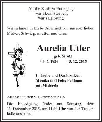 Traueranzeige von Aurelia Utler von  Kreisanzeiger