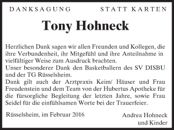 Traueranzeige von Tony Hohneck von  Mainspitze