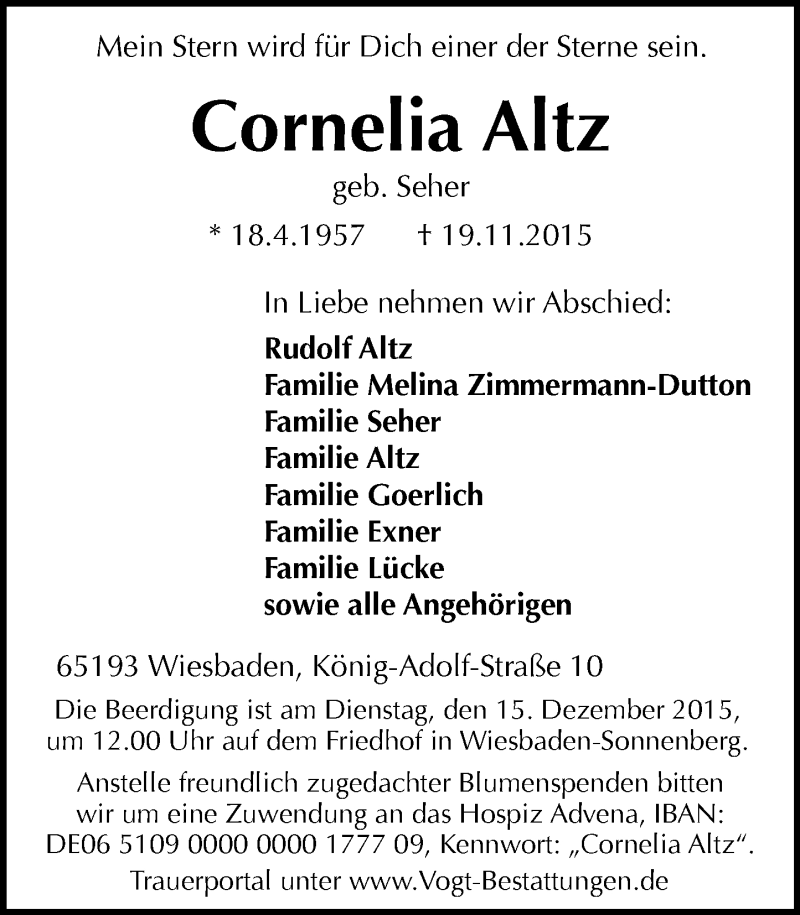  Traueranzeige für Cornelia Altz vom 05.12.2015 aus  Wiesbaden komplett