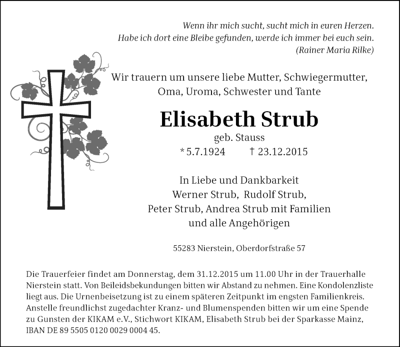  Traueranzeige für Elisabeth Strub vom 29.12.2015 aus  Landskrone