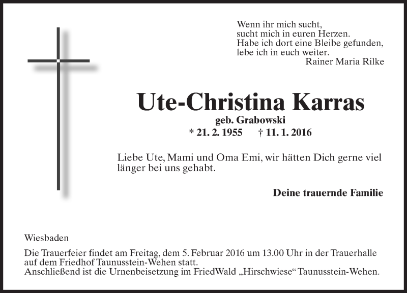  Traueranzeige für Ute-Christina Karras vom 23.01.2016 aus  Wiesbaden komplett