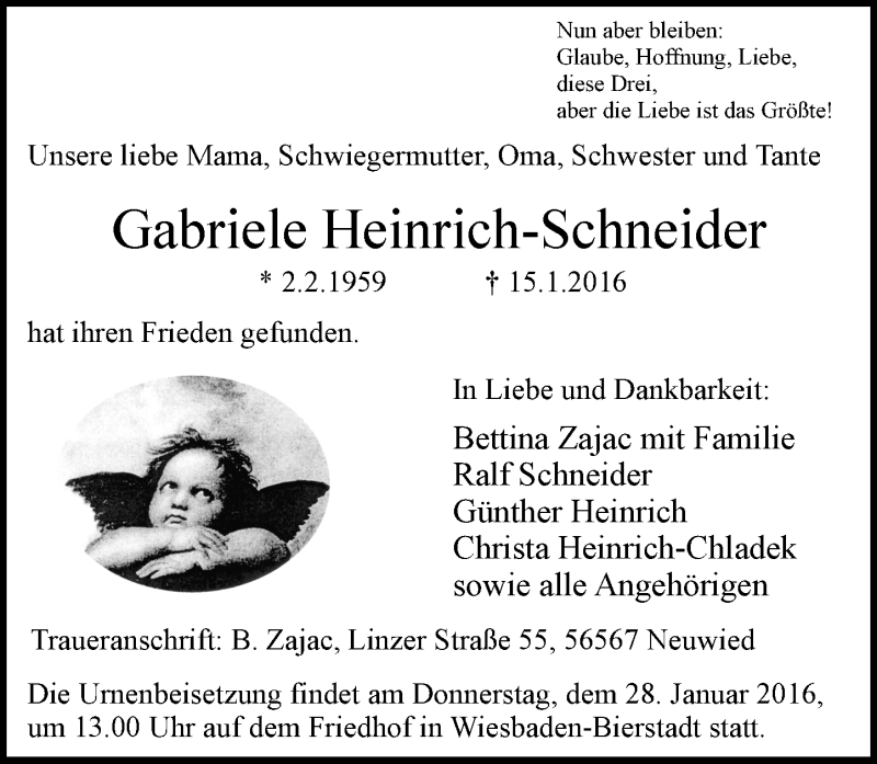  Traueranzeige für Gabriele Heinrich-Schneider vom 23.01.2016 aus  Wiesbaden komplett