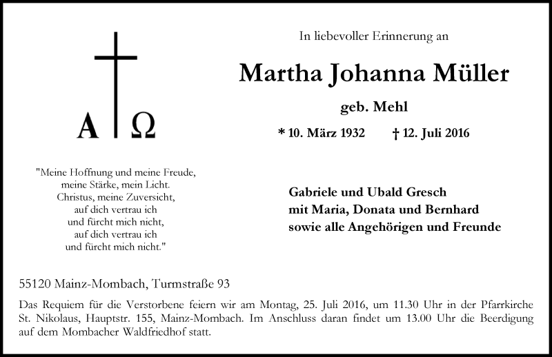  Traueranzeige für Martha Johanna Müller vom 23.07.2016 aus Trauerportal Rhein Main Presse