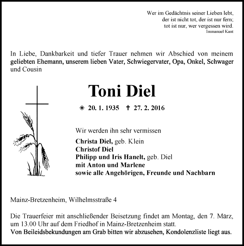  Traueranzeige für Toni Diel vom 02.03.2016 aus  Allgemeine Zeitung Mainz