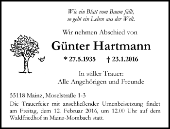 Traueranzeige von Günter Hartmann von  Allgemeine Zeitung Mainz