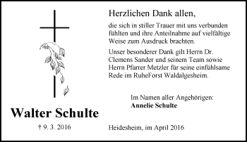 Traueranzeige von Walter Schulte von  Allgemeine  Zeitung Ingelheim-Bingen