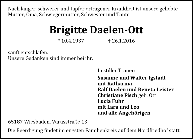  Traueranzeige für Brigitte Daelen-Ott vom 30.01.2016 aus  Wiesbaden komplett