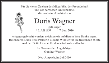 Traueranzeige von Doris Wagner von  Usinger Anzeiger