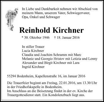 Traueranzeige von Reinhold Kirchner von  Allgemeine Zeitung Mainz