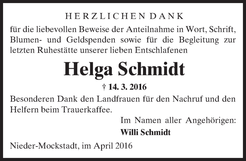  Traueranzeige für Helga Schmidt vom 09.04.2016 aus  Sonntags Anzeiger