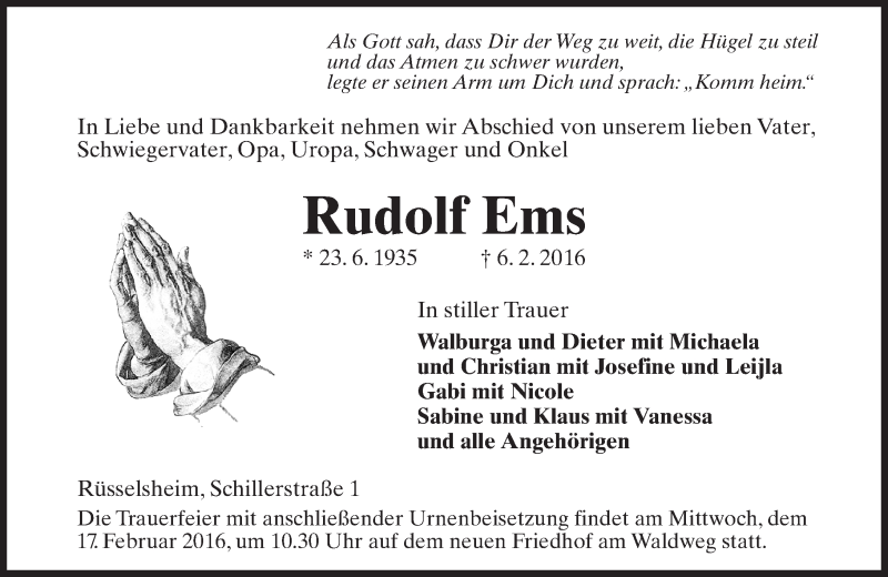  Traueranzeige für Rudolf Ems vom 13.02.2016 aus  Mainspitze