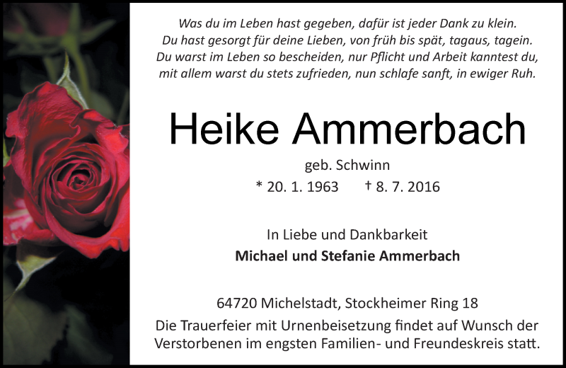  Traueranzeige für Heike Ammerbach vom 16.07.2016 aus Trauerportal Echo Online