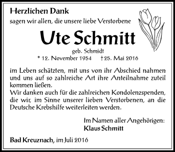 Traueranzeige von Ute Schmitt von Trauerportal Rhein Main Presse