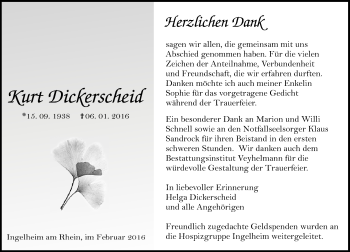 Traueranzeige von Kurt Dickerscheid von  Allgemeine  Zeitung Ingelheim-Bingen