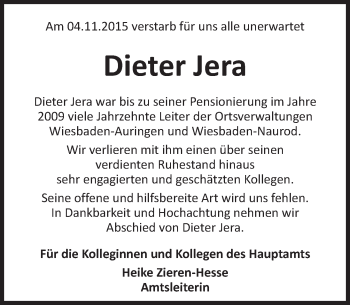 Traueranzeige von Dieter Jera von  Wiesbaden komplett