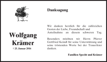 Traueranzeige von Wolfgang Krämer von  Allgemeine Zeitung Mainz