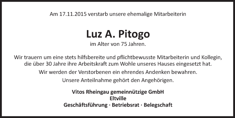 Traueranzeige für Luz A. Pitogo vom 24.11.2015 aus  Rheingau