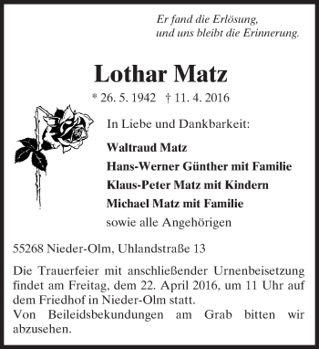 Traueranzeige von Lothar Matz von  Allgemeine Zeitung Mainz