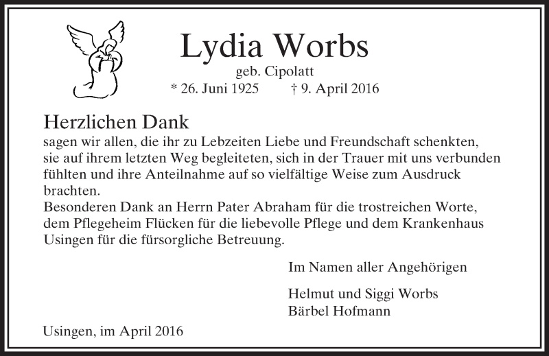  Traueranzeige für Lydia Worbs vom 23.04.2016 aus  Usinger Anzeiger