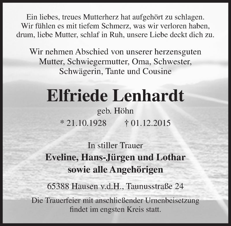  Traueranzeige für Elfriede Lenhardt vom 05.12.2015 aus  Wiesbaden komplett