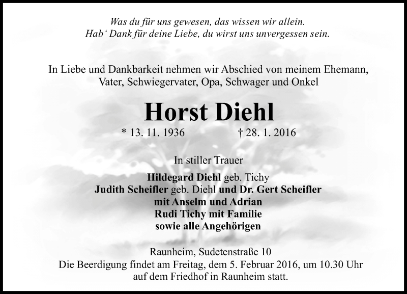  Traueranzeige für Horst Diehl vom 30.01.2016 aus  Mainspitze