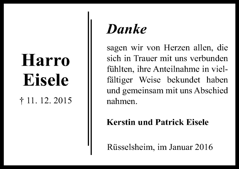  Traueranzeige für Harro Eisele vom 16.01.2016 aus  Mainspitze