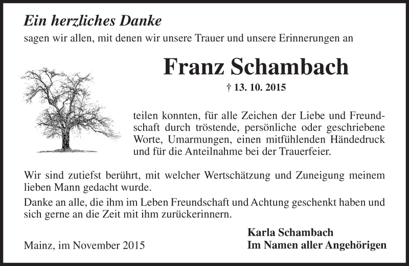  Traueranzeige für Franz Schambach vom 14.11.2015 aus  Allgemeine Zeitung Mainz