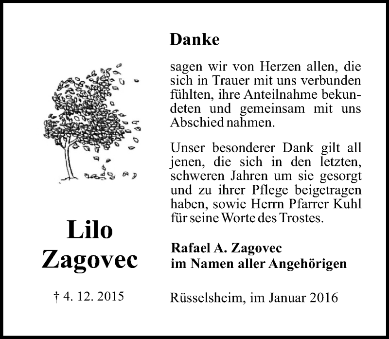  Traueranzeige für Lilo Zagovec vom 16.01.2016 aus trauer.echo-online.de