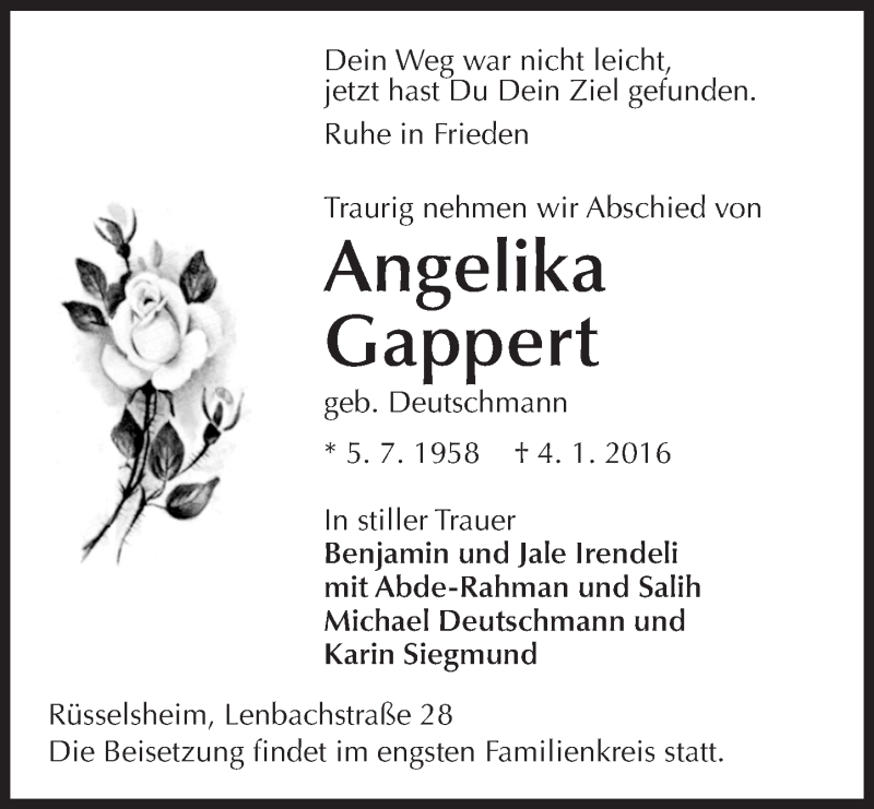  Traueranzeige für Angelika Gappert vom 06.01.2016 aus trauer.echo-online.de