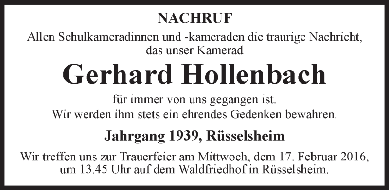  Traueranzeige für Gerhard Hollenbach vom 16.02.2016 aus trauer.rmp.de