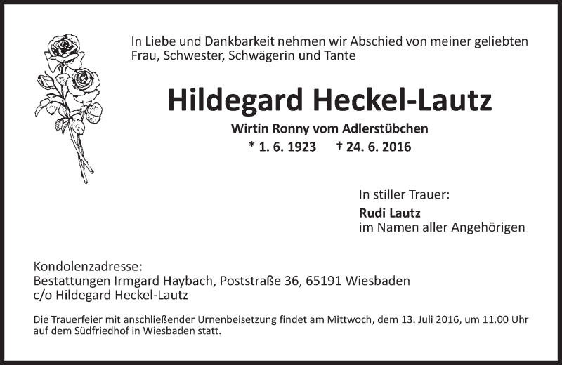  Traueranzeige für Hildegard Heckel-Lautz vom 02.07.2016 aus Trauerportal Rhein Main Presse