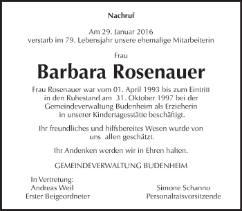 Traueranzeige von Barbara Rosenauer von trauer.rmp.de