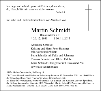 Traueranzeige von Martin Schmidt von  Allgemeine Zeitung Mainz
