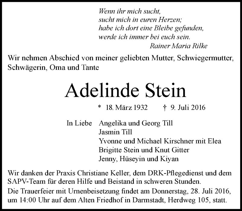  Traueranzeige für Adelinde Stein vom 16.07.2016 aus Trauerportal Echo Online