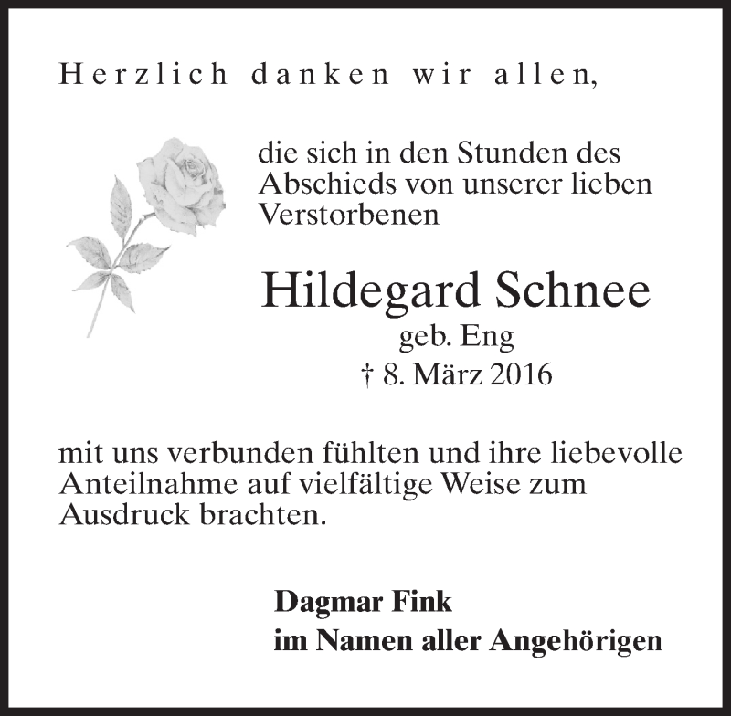  Traueranzeige für Hildegard Schnee vom 09.04.2016 aus  Wiesbaden komplett