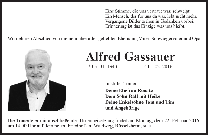 Traueranzeige für Alfred Gassauer vom 17.02.2016 aus  Mainspitze