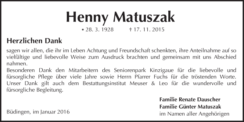  Traueranzeige für Henny Matuszak vom 02.01.2016 aus  Sonntags Anzeiger