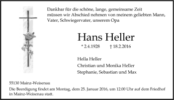 Traueranzeige von Hans Heller von  Allgemeine Zeitung Mainz