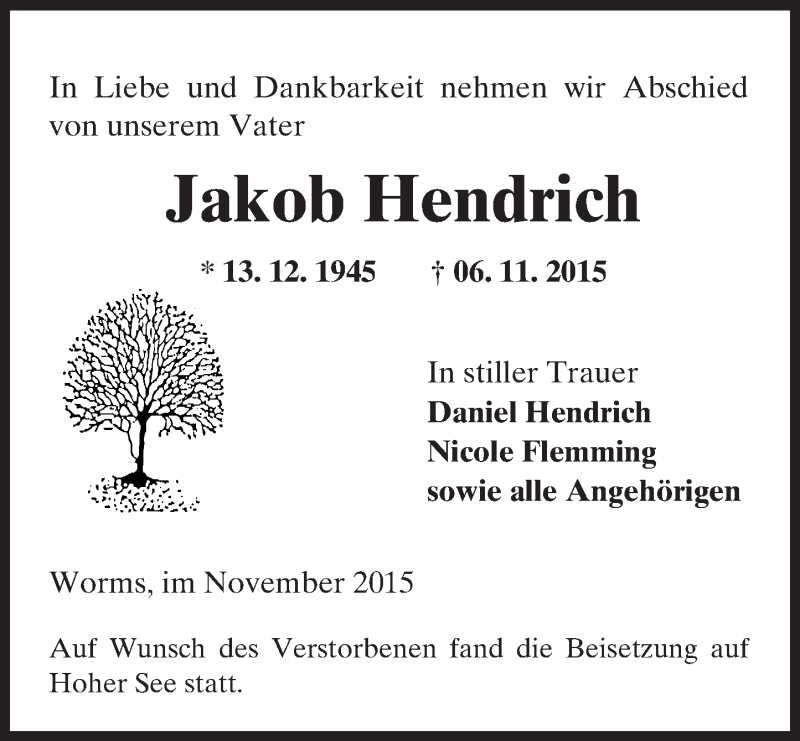  Traueranzeige für Jakob Hendrich vom 21.11.2015 aus  Wormser Zeitung