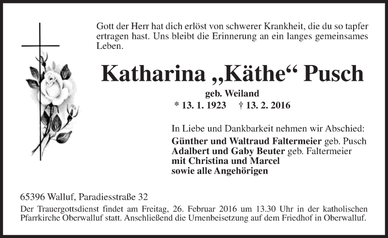  Traueranzeige für Katharina Pusch vom 20.02.2016 aus  Rheingau