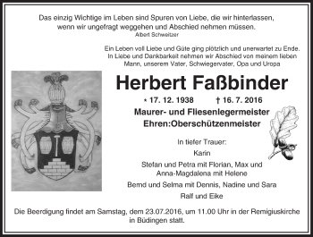 Traueranzeige von Herbert Faßbinder von  Kreisanzeiger