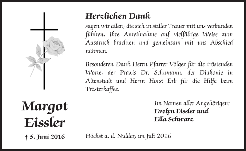  Traueranzeige für Margot Eissler vom 02.07.2016 aus  Sonntags Anzeiger