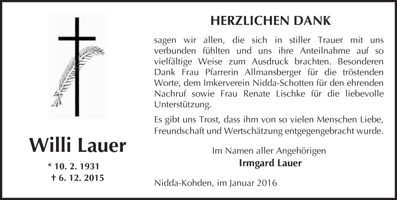  Traueranzeige für Willi Lauer vom 16.01.2016 aus  Sonntags Anzeiger
