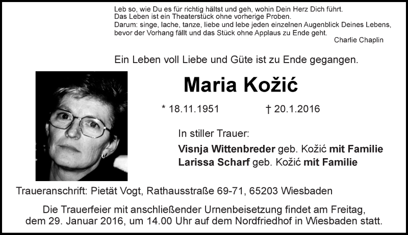  Traueranzeige für Maria Kozic vom 23.01.2016 aus  Wiesbaden komplett