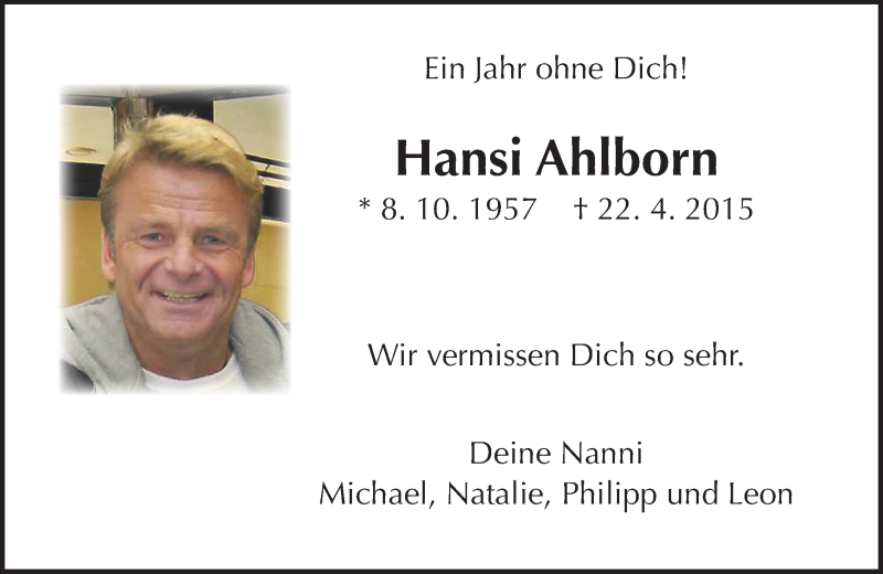  Traueranzeige für Hansi Ahlborn vom 22.04.2016 aus  Gießener Anzeiger