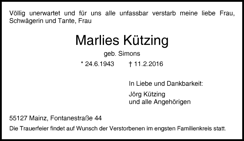  Traueranzeige für Marlies Kützing vom 17.02.2016 aus  Allgemeine Zeitung Mainz