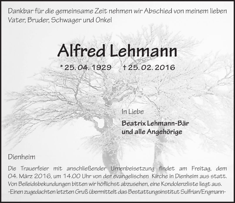  Traueranzeige für Alfred Lehmann vom 01.03.2016 aus  Landskrone