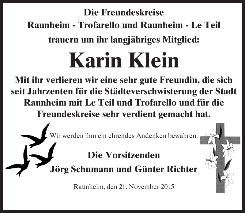  Traueranzeige für Karin Klein vom 24.11.2015 aus  Mainspitze