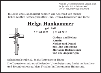 Traueranzeige von Helga Hankammer von Trauerportal Rhein Main Presse